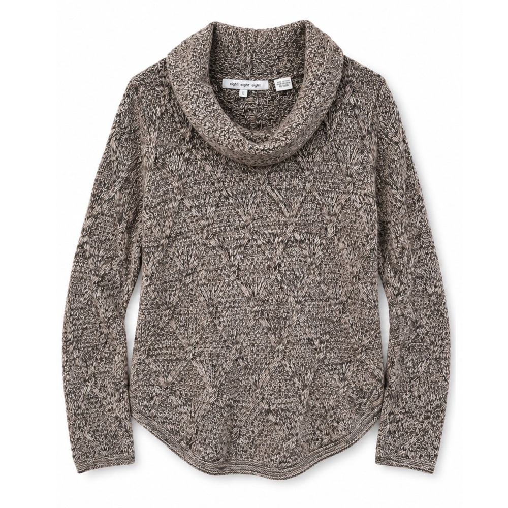 Eight Eight Eight Women Cowl Neck Marled Leaf Knit Cotton Sweater Gray Taupe L